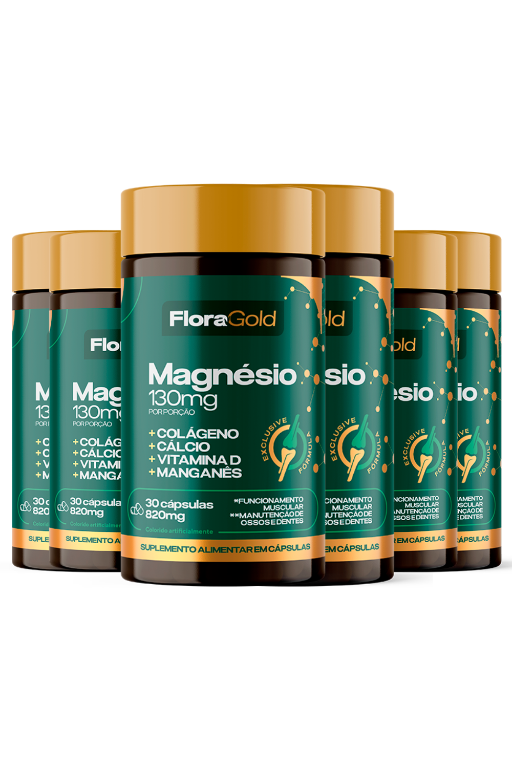 Magnésio 5 em 1 + Colágeno + Cálcio + Manganês + Vitamina D – Kit com 6 Frascos